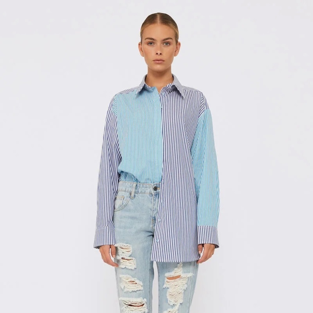 Bardot SPLICED BOYFRIEND SHIRT IN MULTI STPE XS NWT
